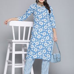 HERE&NOW Women Ethnic Motifs Printed Kantha Work Kurta With Trousers-picture-5