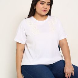Honey Curvytude by Pantaloons Women Round Neck Short Sleeves Lace Inserts Cotton Top-picture-24