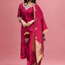 CREEPER Embroidered Notch Neck Thread Work Straight Kurta With Trousers & Dupatta-picture-34