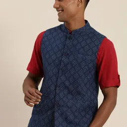 Taavi Men Blue & Off White Indigo Hand Block Printed Nehru Jackets with Mandarin Collar image 3