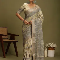 Anouk Floral Zari Satin Block Print Saree-picture-40
