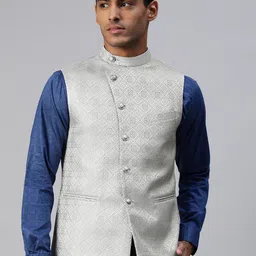 MANQ Men Grey & Gold Ethnic Motifs Jaquard Woven Design Nehru Jacket-picture-19