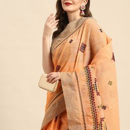 RAJGRANTH Peach-Coloured Ethnic Motifs Embroidered Linen Blend Chanderi Saree-image-50