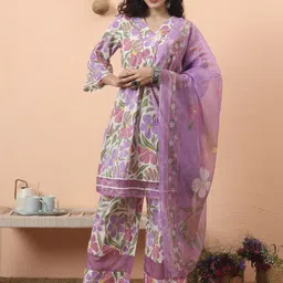 Yufta Women Floral Printed Cotton Kurta with Trousers & Dupatta-26