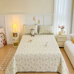 JC HOME White Floral Printed 240 TC Pure Cotton Double Queen Bed Cover & 2 Pillow Covers-image-29