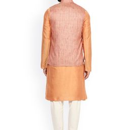 KISAH Men Peach-Coloured Self Design Kurta with Churidar & Nehru Jacket image 4