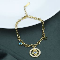 ARTKLIM Stainless Steel Gold-Plated American Diamond Studded Evil Eye Charm Bracelet-image-83