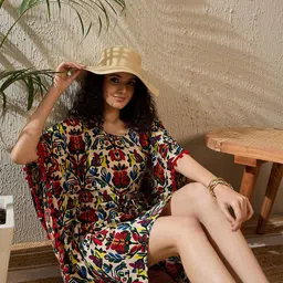 StyleStone Colourblocked Print Kimono Sleeve with Pom-Pom Detail Crepe Kaftan Dress-image-9