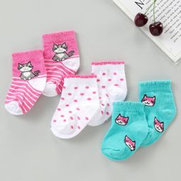 Cute Walk by Babyhug Cotton Blend Ankle Length Anti Bacterial Socks Kitty Design Pack of 3 - Pink Blue-image-92