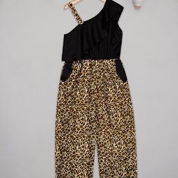 Budding Bees Sleeveless Gathered Abstract Printed Jumpsuit With Side Pockets - Black & Brown-image-1