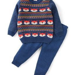 Babyhug Acrylic Knit Full Sleeves Sweater Set With Fox Design - Navy Blue-image-26