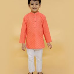 MoMaa Pure CottonFull Sleeves Floral Chikankari Embroidered Kurta Pyjama Set - Red-image-1