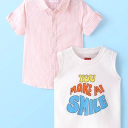 Babyhug Cotton Half Sleeve Striped Kurta Shirt with Printed Inner T-Shirt - Peach & White-image-4