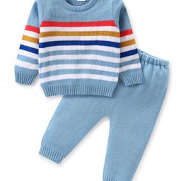 Babyhug Knitted Full Sleeves Striped Sweater Set - Blue-picture-26