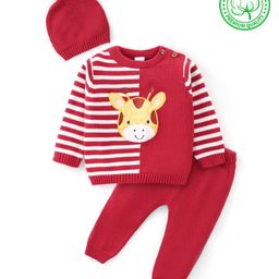 Babyhug Organic Cotton Knit Full Sleeves Sweater Set with Cap Reindeer Patch & Stripes - Red & White-image-78