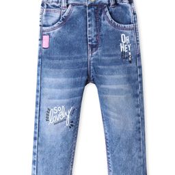 Olio Kids Denim Full Length Jeans with Text Print & Patch Detailing - Light Blue-image-21