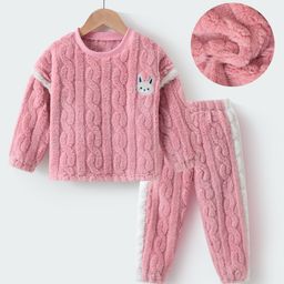Kookie Kids Winter Wear Full Sleeves Drop Shoulder Night Suit With Bunny Patch & Cable Knit Design - Pink-image-98