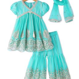 Babyhug Woven Half Puffed Sleeves Sequin & Floral Embroidered Kurta Gharara Set with Dupatta & Lace Detailing - Aqua Blue-image-18