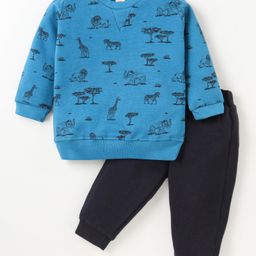 Zero Fleece Knit Full Sleeves Winter Wear T-Shirt & Lounge Pant Set Animal Print -Blue &Grey-48