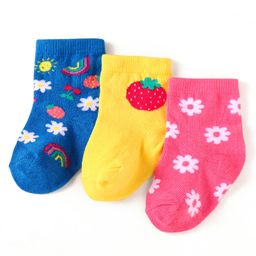 Cute Walk by Babyhug Knit Ankle Length Socks With Floral & Fruit Design Pack of 3 - Blue Yellow & Pink-image-84