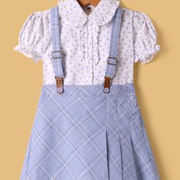 ToffyHouse Cotton Knit Puffed Sleeves Tops & Skirt with Checks & Heart Print - White & Light Blue-image-84