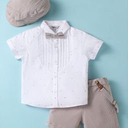 ToffyHouse Poplin Woven Half Sleeves Printed Shirt & Shorts With Bow Suspender & Hat - White & Sand-picture-17