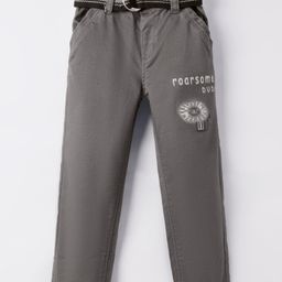 Olio Kids Cotton Woven Full Length Trouser With Lion Embroidery & Belt - Grey-image-50