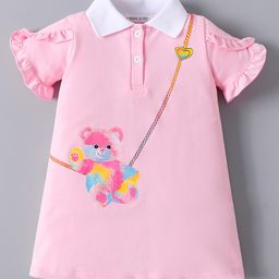 Mark & Mia Half Sleeves Frock with Teddy Print - Pink-image-96