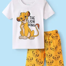 Babyhug Disney Single Jersey Knit Half Sleeves Shorts Night Suit with Lion King Graphics - White & Yellow-picture-45