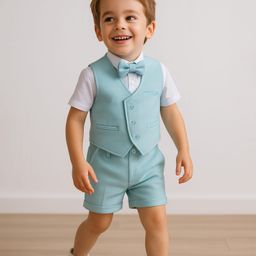 Mark & Mia Cotton Woven Half Sleeves Solid 3 Piece Party Suit With Bow - Light Blue-image-58