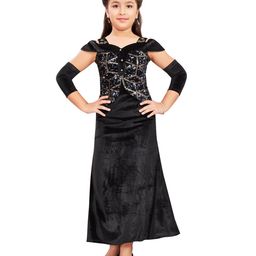 Lei-Chie Velvet Sleeveless Sequins & Beads Embellished Gown With Gloves - Black-image-2