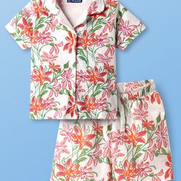 Pine Kids Single Jersey Knit Half Sleeves Shorts Co-Ords Night Suit with Floral Print - White-picture-15
