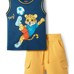 Babyhug Single Jersey Knit Sleeveless Tank T-Shirt & Shorts Set with Tiger Print - Navy Blue & Yellow-image-90