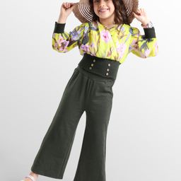 Ollington St. Georgette Full Sleeves Printed Top & Cotton Rib Culotte Pant - Multicolor & Olive Green-picture-25