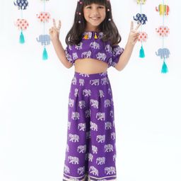Lil' Drama Half Cold Shoulder Sleeves Elephant Motifs Printed Coordinating Crop Top & Palazzo Set - Purple-picture-20