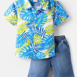 Babyhug Single Jersey Knit Half Sleeves Shirt & Denim Shorts Set With Leaf Print - Blue-image-41