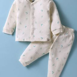 Simply Interlock Knit Full Sleeves Front Open Co-Ord Night Suit with Star Moon & Bird Print - Offwhite-picture-5