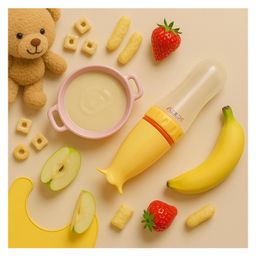 AEREX BPA Free Silicone Squeezy Food Feeder with Plastic Spoon with Suction Base | Baby Squeezing Silicone Feeder Bottle | Feeding Spoon Bottle for Semi-Solid Food, Cereals, Fruit Food Feeder (Yellow)-33