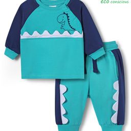 Babyoye Fleece Knit Raglan Sleeves T-Shirt & Lounge Pant Set With Dino Print -Turquoise-picture-14