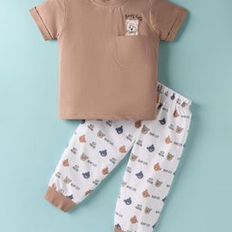 Mini Taurus Sinker Knit Half Sleeves Night Suit with Bear Print & Patch Detailing - Tan & White-picture-36