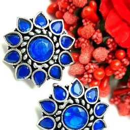 Yash Jewels Emporiums Silver-Plated Artificial Stones Studded Oxidised Floral Studs-image-47