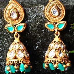 JYONA Gold-Plated Artificial Stones Studded & Beaded Dome Shaped Antique Jhumkas-image-36
