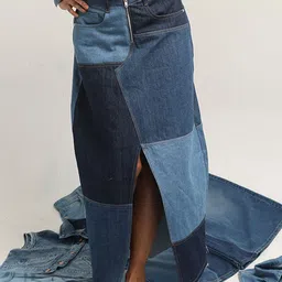 DAYER Women Pure Cotton Checked Colourblocked Maxi Skirt-image-1
