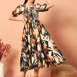 ZWERLON Women Print Puff Sleeve Formal A-Line Midi Dress-image-81