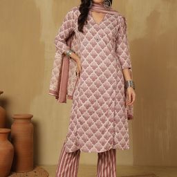 Sangria Pink Ethnic Motifs Printed Mirror Work Striaght Kurta With Trouser And Dupatta-image-87
