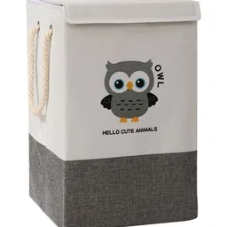 HOKIPO Grey & White Owl Printed Foldable Laundry Basket For Clothes With Lid-16