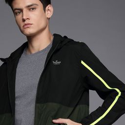 WROGN ACTIVE Men Black And Olive Green Colourblocked Hooded Sporty Jacket-image-64