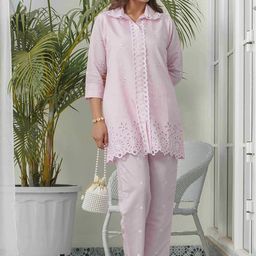 House of Pataudi Embroidered Shirt Collar Roman Silk Tunic & Trouser-image-2