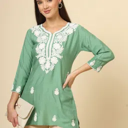 HERE&NOW Floral Embroidered V-Neck Thread Work Thread Work Kurti-image-24