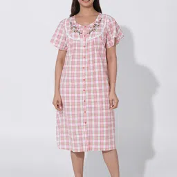 Maybell Women Checked Lace Embroidered Yoke Nightdress-picture-6
